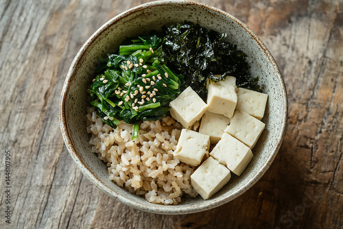 Top-down view of a Japanese macrobiotic bowl containing brown rice, cubed tofu, sautéed greens with sesame seeds, and a portion of shredded seaweed