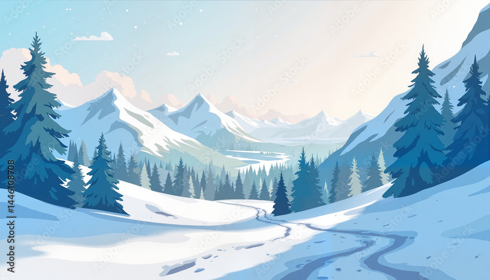 Fototapeta premium Serene winter hiking trail through snow-covered mountains, nature exploration