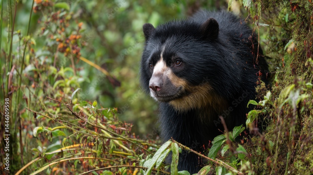 Andean Spectacled Bear in Lush Cloud Forest, Profile View Andean Spectacled Bear in Lush Cloud Forest, Profile View