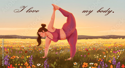 Happy plus size woman doing yoga outdoors among colorful flowers and sunset promoting wellbeing and peace, health and body positivity concept