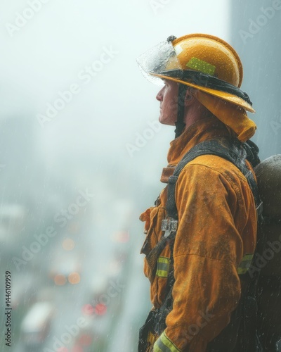 Brave Firefighter in Rain Urban Emergency Response Public Safety Hero