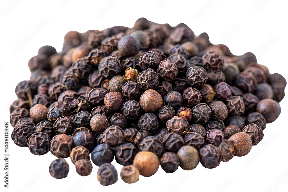Closeup aromatic black peppercorns spice heap texture background hot food on transparent background Closeup aromatic black peppercorns spice heap texture background hot food on transparent background