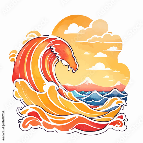 sunny orange cartoon wave vector pattern