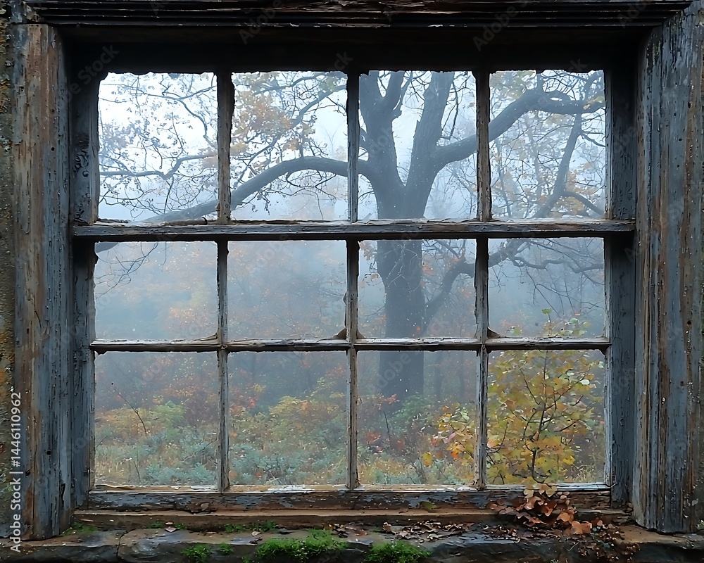 Fototapeta premium Misty autumn scene viewed through old window