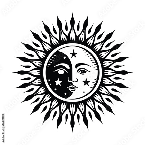 Stylized Sun Moon Face Icon with Starry Sky in Black and White Minimalist Design