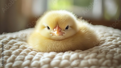 A fluffy yellow chick resting on a soft cushion.