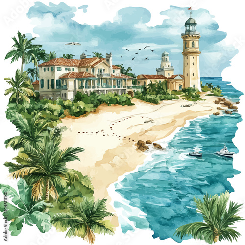 Tropical Island Map With Compass Lines, watercolor vector, isolated on a white background.
