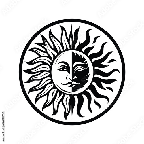Sun and Moon Face Illustration, Celestial Body, Black and White Icon, Mystical Symbol