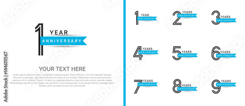 logo anniversary set. black color with blue ribbon on white background for special event