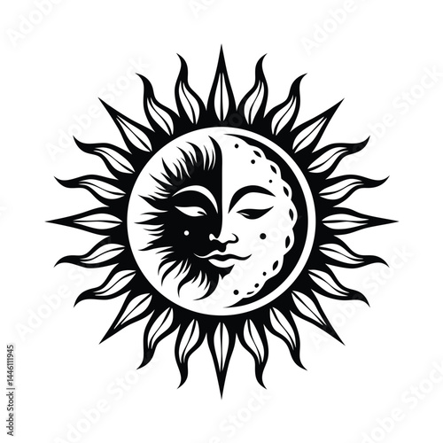 Stylized Sun and Moon Face Illustration, Ornamental Rays, Celestial Harmony, Black & White