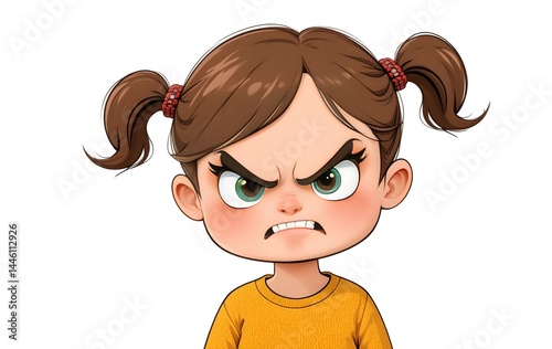 Illustration of a cute girl kid with angry face on white background, girl child in two ponytails with angry face illustration