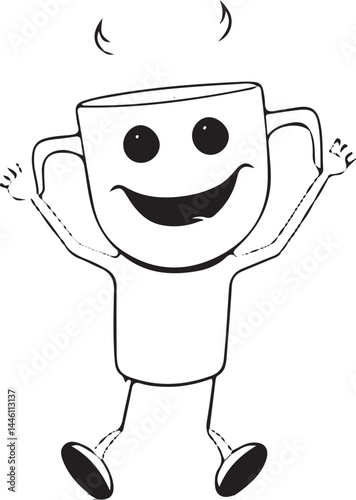 Happy Coffee Mug Cartoon Icon with Smiling Face and Steam Vector Illustration