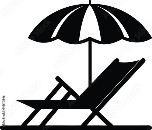 Beach umbrella and chair icon vector, Beach chair black silhouette vector