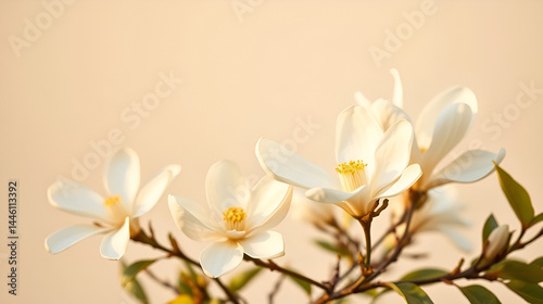 Delicate white magnolia flowers bloom against a soft, creamy backdrop, evoking the rich, nostalgic charm of Louisiana's historic old Southland heritage in warm, golden light.