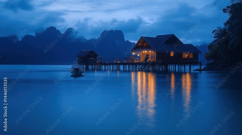 Fototapeta premium Tranquil wooden house over tranquil water at dusk