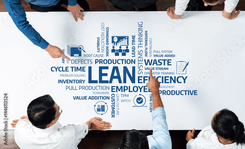 A dynamic workspace featuring a collaborative approach to lean management concepts, highlighting efficiency, waste reduction, and team engagement strategies for improved outcomes. Amity
