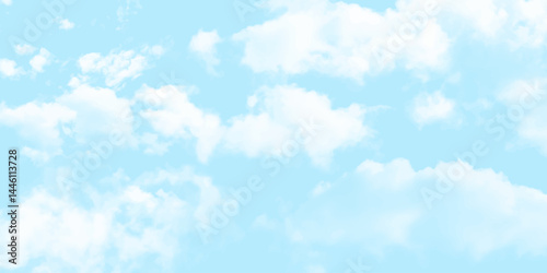 soft, pastel sky background with fluffy, white cumulus clouds scattered across a bright light blue sky.The clouds should have a painterly or watercolor effect