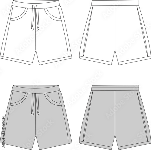Basic Unisex Shorts Flat Technical Drawing Template | Front and Back View Vector CAD Fashion Design Mockup for Tech Pack