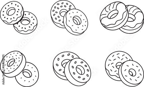 set of candy donuts line art, black outline, vector and illustration, coloring book page line art drawing