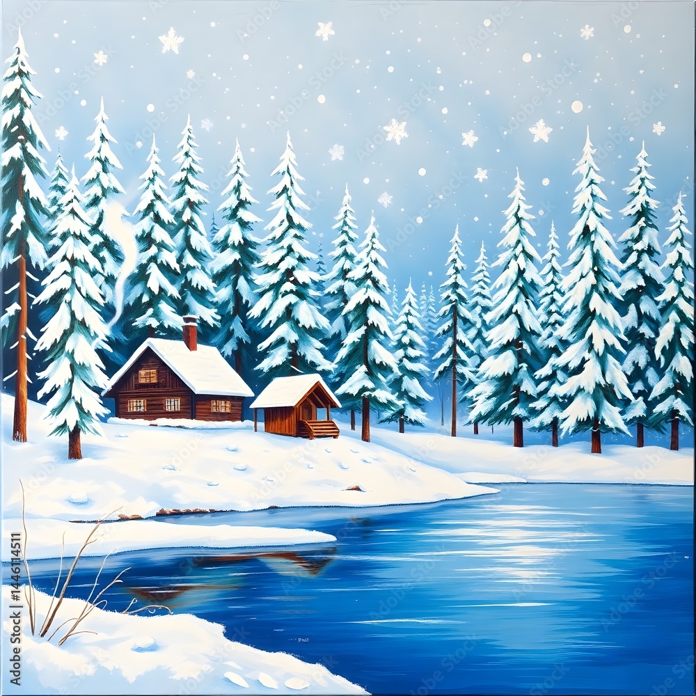 Fototapeta premium Abstract winter wonderland snow covered trees, frozen lake, gentle snowfall, cozy cabin, pure black, deep shadows art illustration design