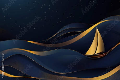 Golden sailboat on dark blue waves at night;  ocean background; luxury travel