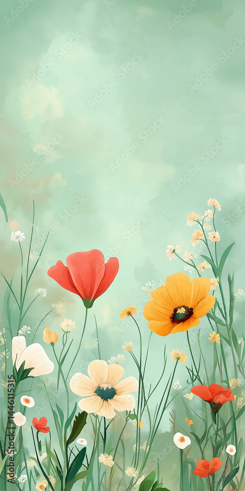 Fototapeta premium Soft watercolor wildflowers on green background, delicate spring floral illustration for nature-themed design 