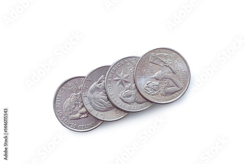 Close up of four quarter coins dollar USA on transparent background. PNG file