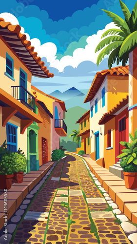 Colorful street scene in guatapé colombia with traditional houses and clear blue sky