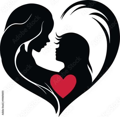 Mother and child outline in heart vector for love, affection and motherhood illustrations