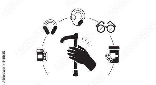Senior Health and Assistance Icons, Mobility Aid, Hearing Aid, Glasses, and Medication Symbols