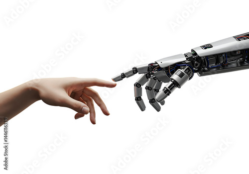 Human and robot hands touching, AI concept