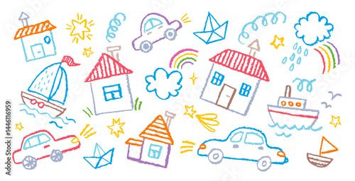 Kid car, boat and house crayon pattern. Boy toy vector. Crayon pastel children background. Cute baby boy car, boat, cloud, house. Cartoon doodle kid illustration for kindergarten, school. Toy icon bg