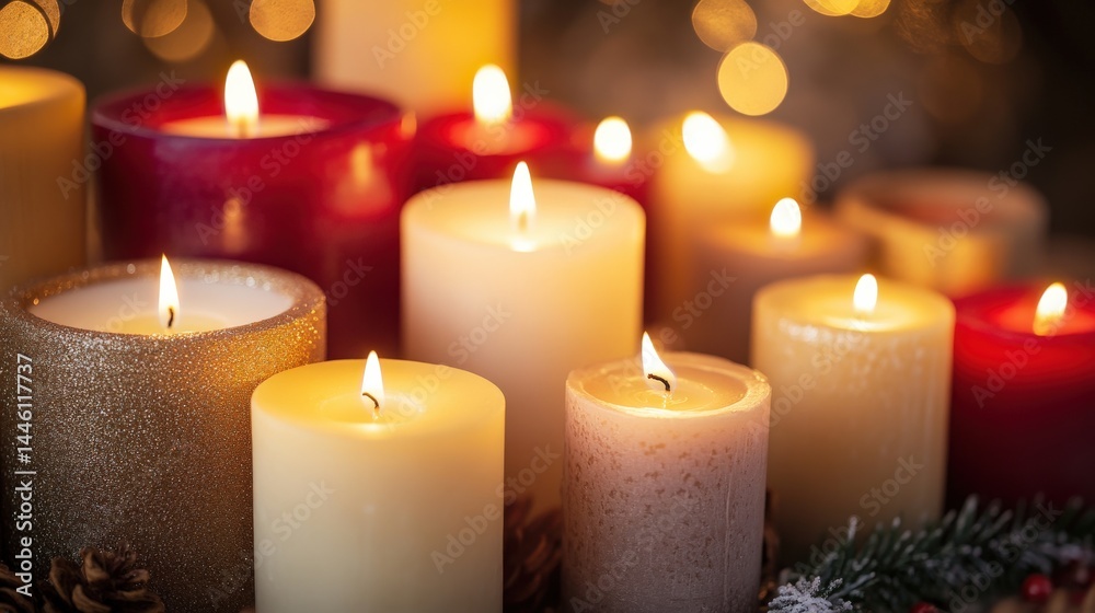 Festive array of burning candles in warm tones. Festive array of burning candles in warm tones.