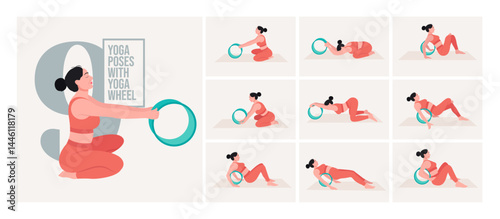 yoga poses with Yoga wheel. Young woman practicing Yoga pose. Woman workout fitness, aerobic and exercises. 