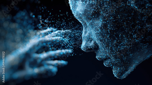 Obraz na płótnie Digital human figure dissolving into particles with glowing blue effects on dark background, symbolizing artificial intelligence, data flow, and futuristic virtual transformation concept. w salonie