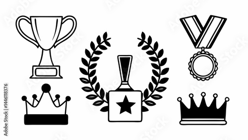 Illustration of a trophy cup, laurel wreath, stamp, medal, and two crowns in black and white style created with generated ai