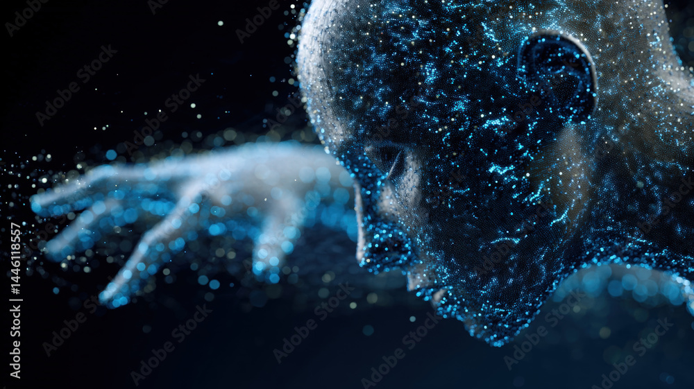 Digital human figure dissolving into particles with glowing blue effects on dark background, symbolizing artificial intelligence, data flow, and futuristic virtual transformation concept.