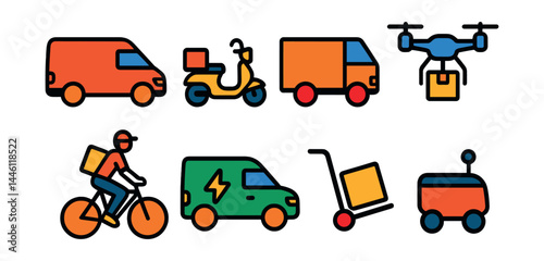 Flat vector icons of delivery vehicles: cargo van, motorbike with box, truck side view, drone delivery icon, bicycle courier, electric van, package transport cart, mini delivery robot.