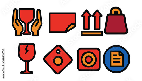 Flat vector icons of fragile and special handling: handle with care symbol, do not bend label, this side up icon, heavy item icon, glassware package, tilt sensor tag, shock watch icon, special