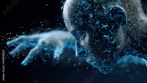 Digital human figure dissolving into particles with glowing blue effects on dark background, symbolizing artificial intelligence, data flow, and futuristic virtual transformation concept.