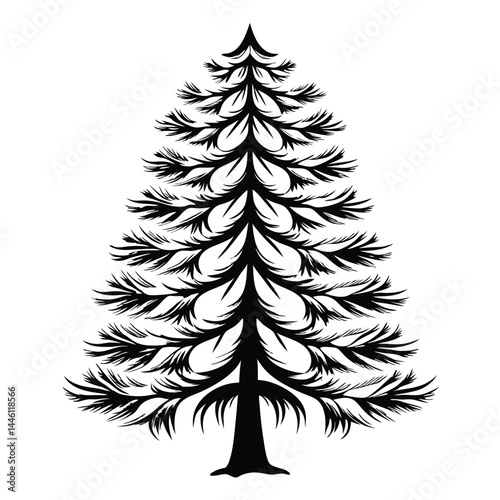 Stylized Evergreen Tree Illustration, Silhouette Conifer Tree on White Background