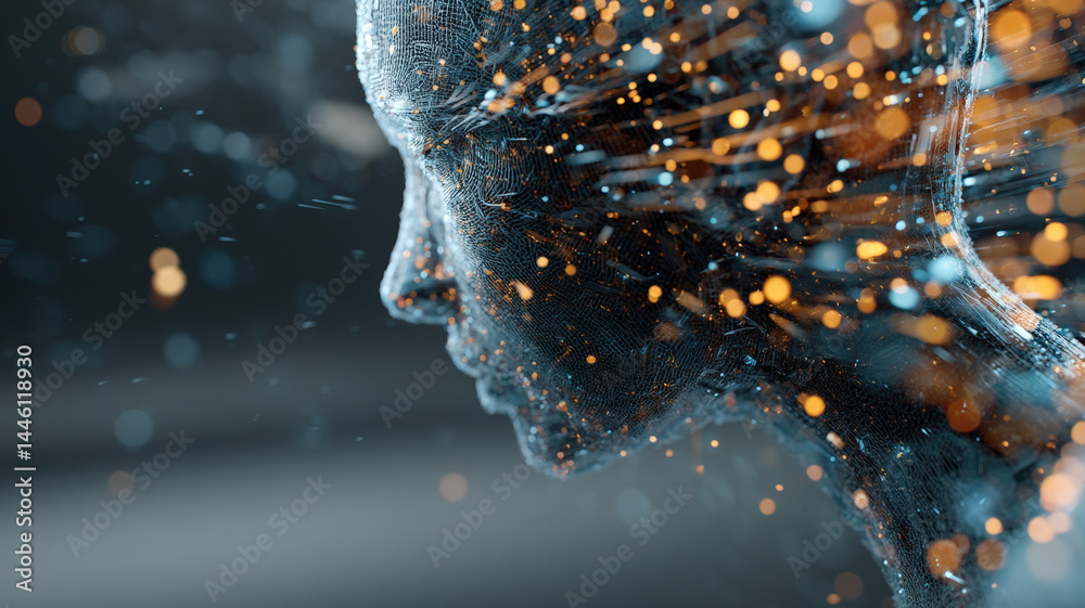 Abstract 3D Render of Human Face Disintegrating into Particles Representing AI, Mind, and Technology
