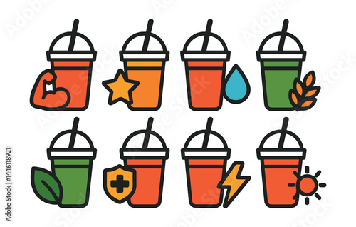 Flat vector icons of smoothie nutrition tags: high protein icon, vitamin boost label, low sugar tag, fiber rich badge, detox blend symbol, immune support mix, pre-workout smoothie, energy burst blend