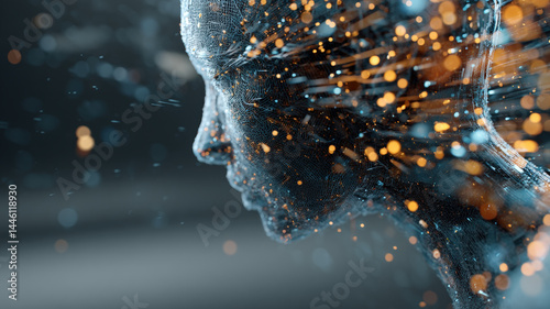 Obraz na płótnie Abstract 3D Render of Human Face Disintegrating into Particles Representing AI, Mind, and Technology w salonie