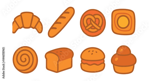 Flat vector icons of baked goods: croissant icon, baguette loaf, soft pretzel badge, Danish pastry, sweet roll swirl, loaf of bread, scone with jam, brioche bun.
