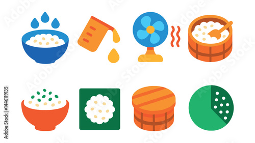 Flat vector icons of sushi rice preparation: rinsing rice in bowl, measuring sushi vinegar, rice cooling fan, mixing rice in tub, seasoned rice icon, rice spread on nori, bamboo tub with lid, perfect