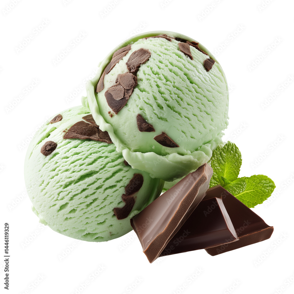 Mint chocolate chip ice cream with chocolate chunks and mint leaves