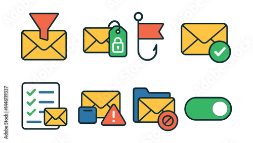 Flat vector icons of email security practices: spam filter icon, encrypted email tag, phishing report flag, sender verification badge, safe sender list, suspicious attachment alert, junk mail folder,