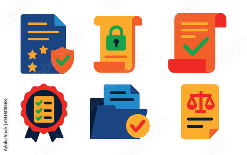 Flat vector icons of regulatory compliance: GDPR document icon, shield with checkmark, privacy agreement scroll, consent form icon, compliance checklist badge, secure storage requirement, audit ready