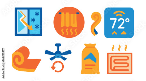 Flat vector icons of household insulation and control: insulated window icon, curtain for warmth badge, weatherstrip symbol, smart thermostat screen, draft stopper roll, ceiling fan reverse mode,